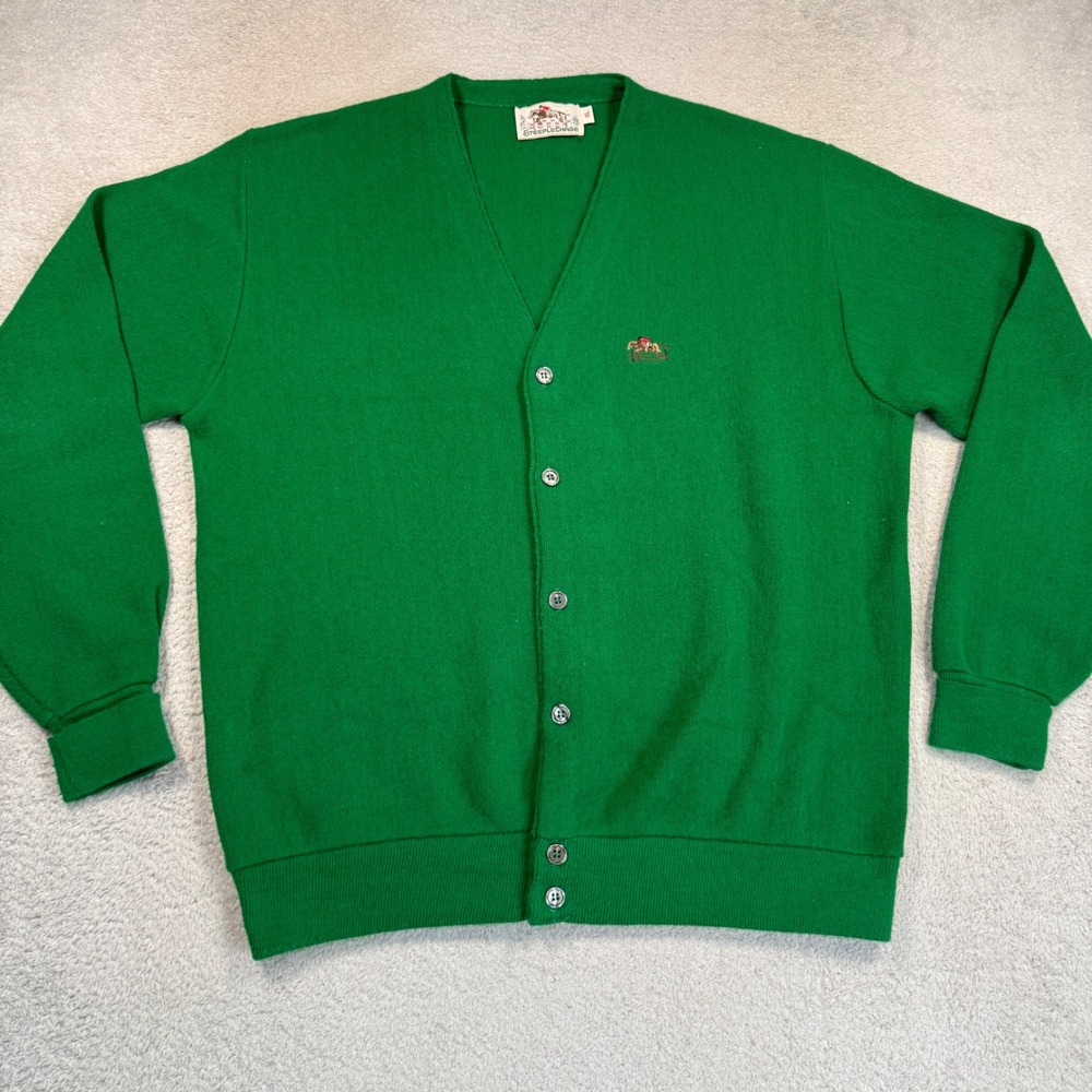 Vintage 70s Steeplechase Cardigan Sweater Mens XL Green Orlon Grandpa Academia